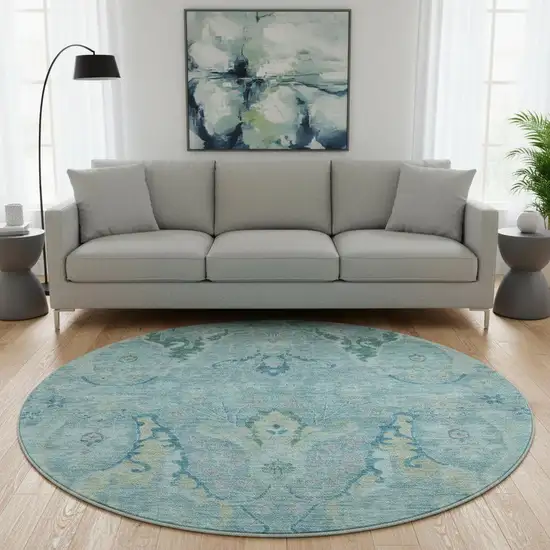 8' Blue Teal And Artichoke Green Floral Washable Round Rug With UV Protection Photo 2