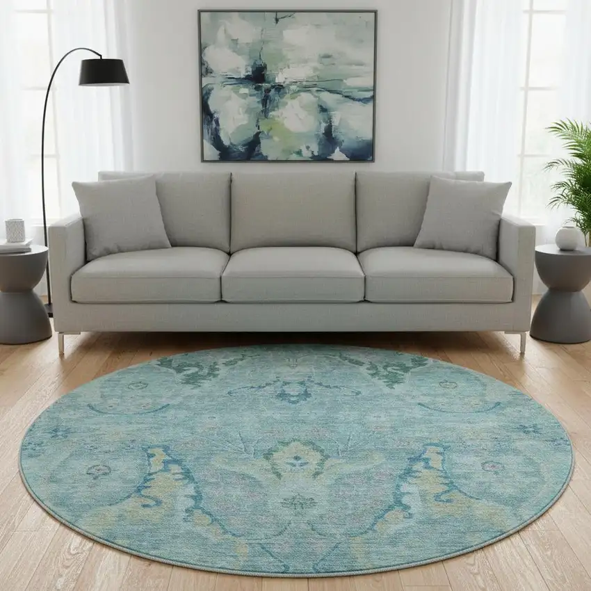 8' Blue Teal And Artichoke Green Floral Washable Round Rug With UV Protection Photo 2