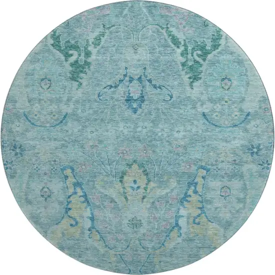 8' Blue Teal And Artichoke Green Floral Washable Round Rug With UV Protection Photo 1