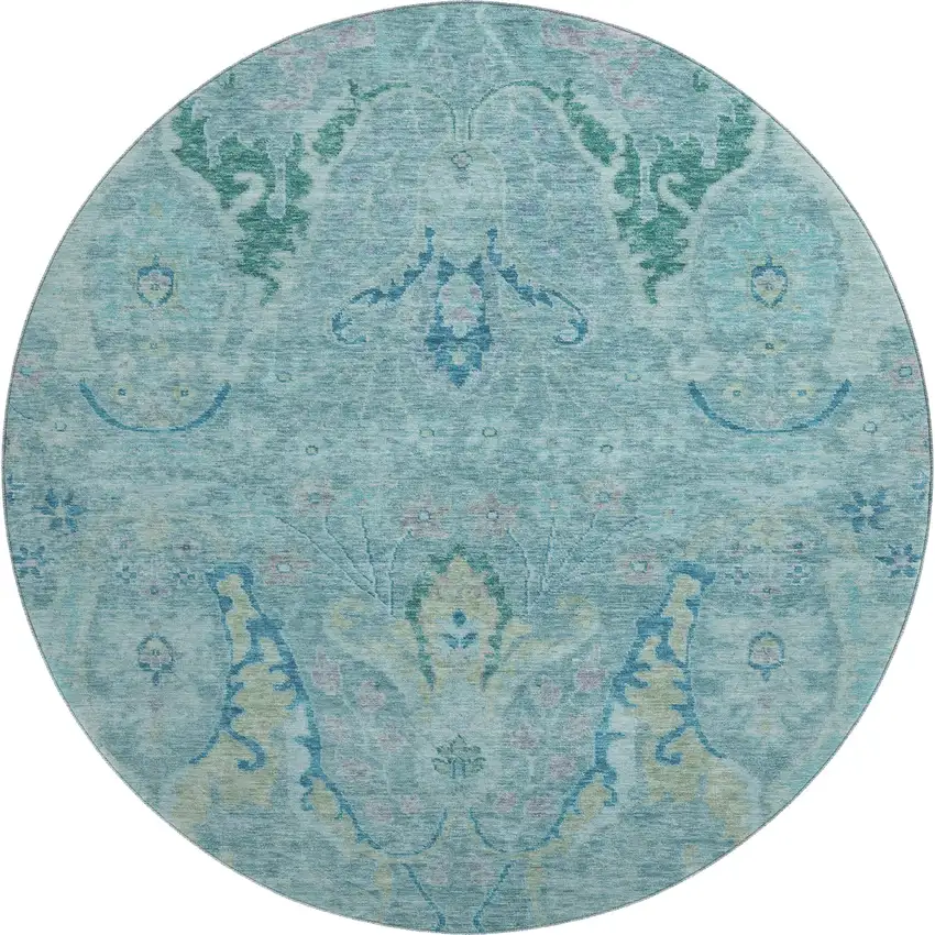 8' Blue Teal And Artichoke Green Floral Washable Round Rug With UV Protection Photo 1
