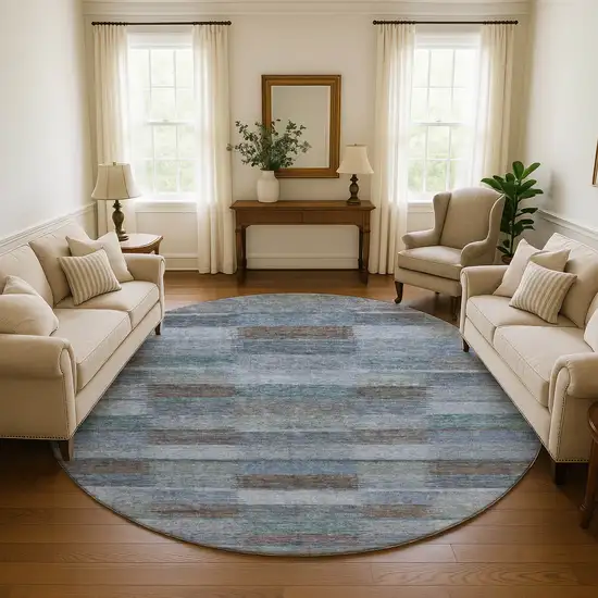 8' Blue Teal And Brown Striped Washable Round Rug With UV Protection Photo 4