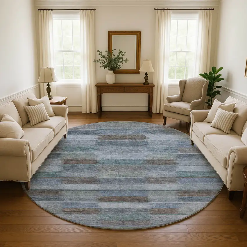 8' Blue Teal And Brown Striped Washable Round Rug With UV Protection Photo 4