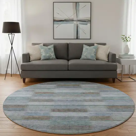 8' Blue Teal And Brown Striped Washable Round Rug With UV Protection Photo 2