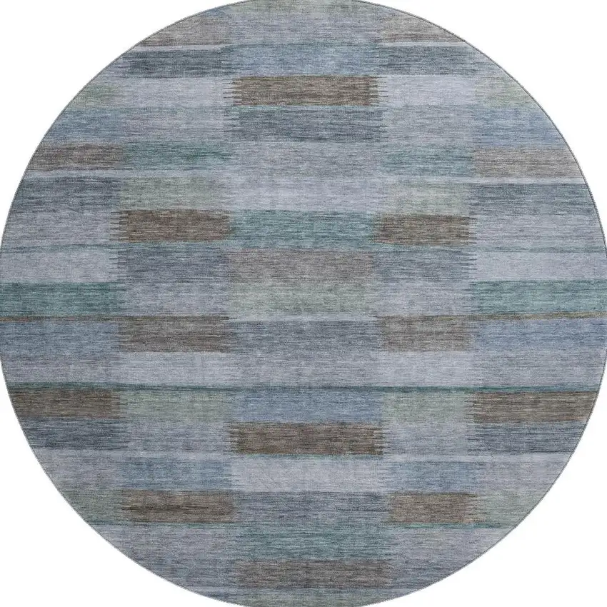 8' Blue Teal And Brown Striped Washable Round Rug With UV Protection Photo 3