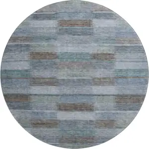 Photo of 8' Blue Teal And Brown Striped Washable Round Rug With UV Protection