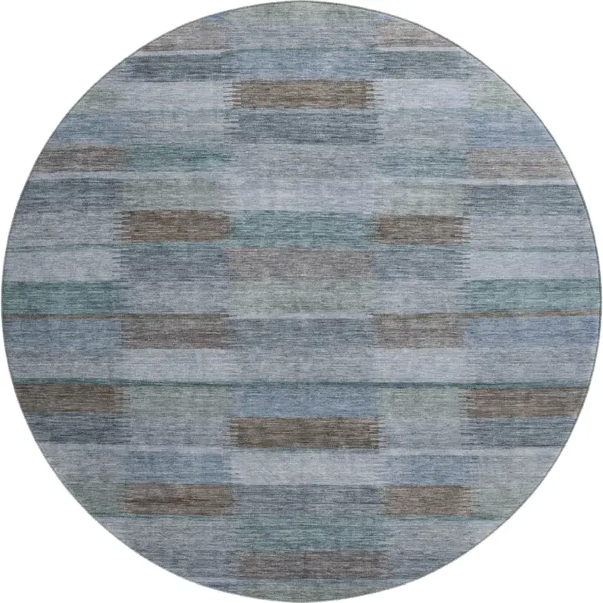 8' Blue Teal And Brown Striped Washable Round Rug With UV Protection Photo 1