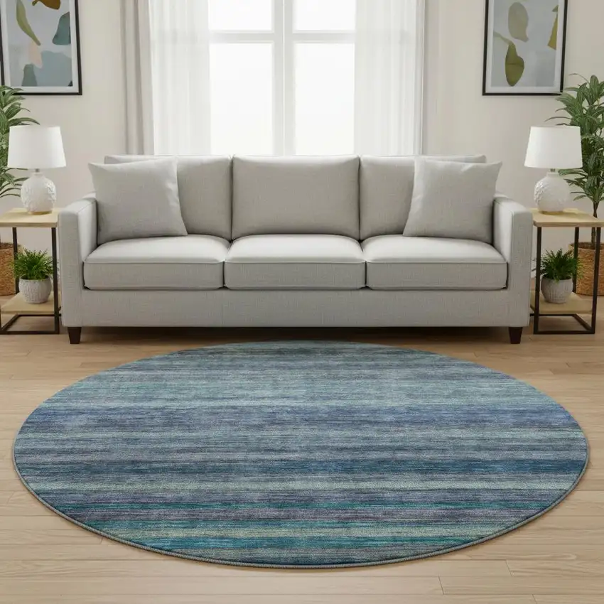 8' Blue Teal And Gray Striped Washable Round Rug With UV Protection Photo 2