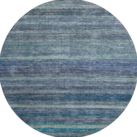 8' Blue Teal And Gray Striped Washable Round Rug With UV Protection Photo 3