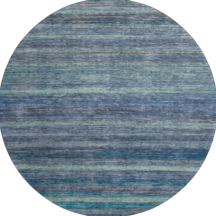 8' Blue Teal And Gray Striped Washable Round Rug With UV Protection Photo 3