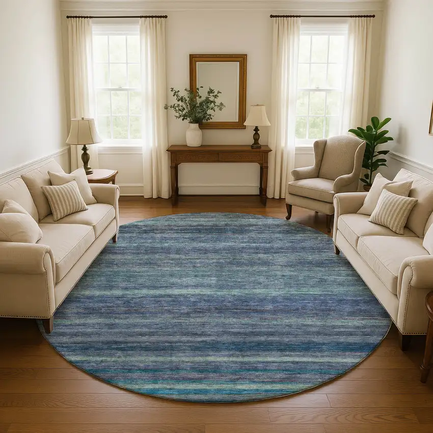 8' Blue Teal And Gray Striped Washable Round Rug With UV Protection Photo 4