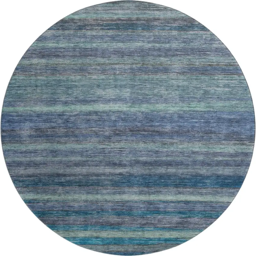 8' Blue Teal And Gray Striped Washable Round Rug With UV Protection Photo 1