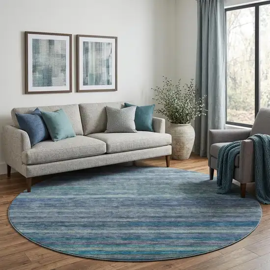8' Blue Teal And Gray Striped Washable Round Rug With UV Protection Photo 1