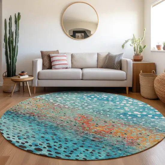 8' Blue Terra Cotta And Black Round Abstract Washable Indoor Outdoor Area Rug Photo 9