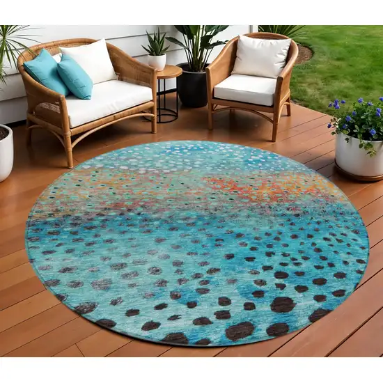 8' Blue Terra Cotta And Black Round Abstract Washable Indoor Outdoor Area Rug Photo 1