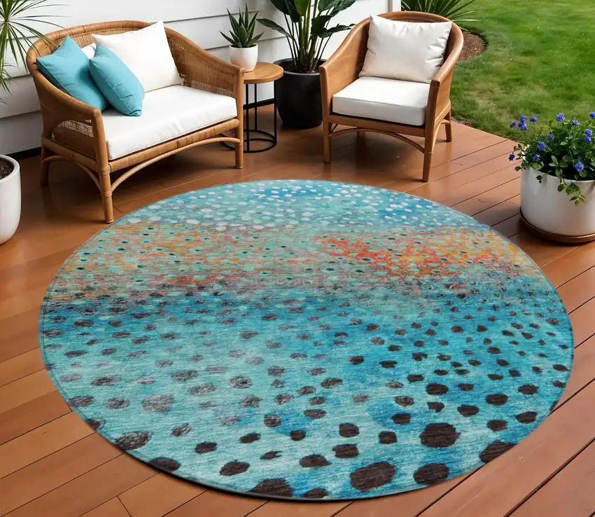 8' Blue Terra Cotta And Black Round Abstract Washable Indoor Outdoor Area Rug Photo 1