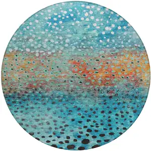 Photo of 8' Blue Terra Cotta And Black Round Abstract Washable Indoor Outdoor Area Rug