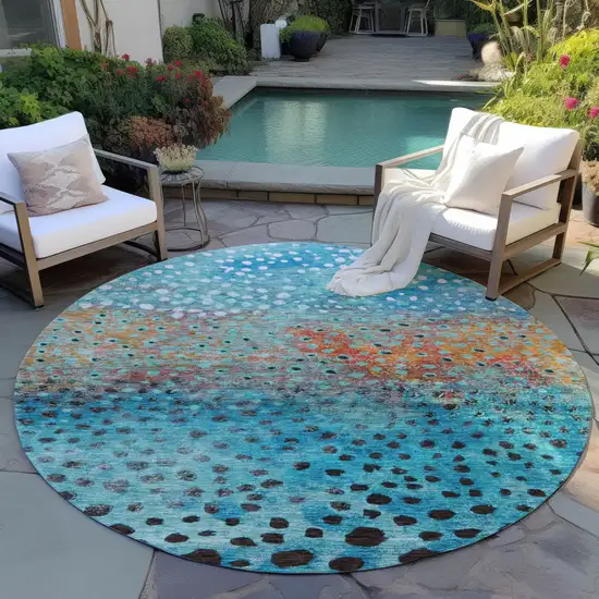 8' Blue Terra Cotta And Black Round Abstract Washable Indoor Outdoor Area Rug Photo 8