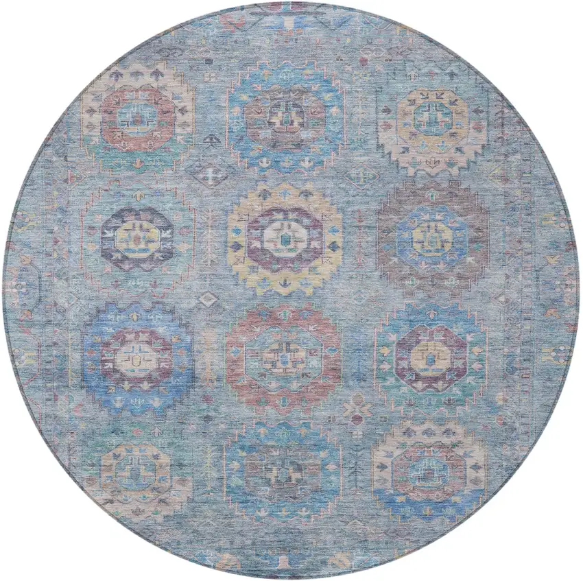 8' Blue Wheat And Copper Round Medallion Washable Indoor Outdoor Area Rug Photo 4