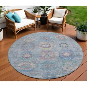 Photo of 8' Blue Wheat And Copper Round Medallion Washable Indoor Outdoor Area Rug