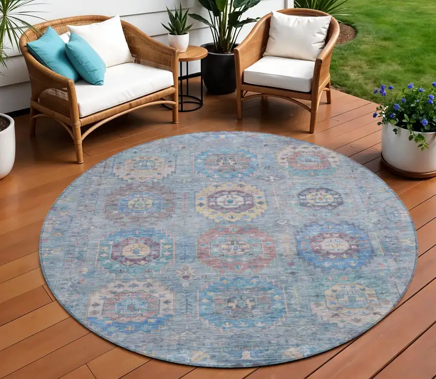 8' Blue Wheat And Copper Round Medallion Washable Indoor Outdoor Area Rug Photo 1
