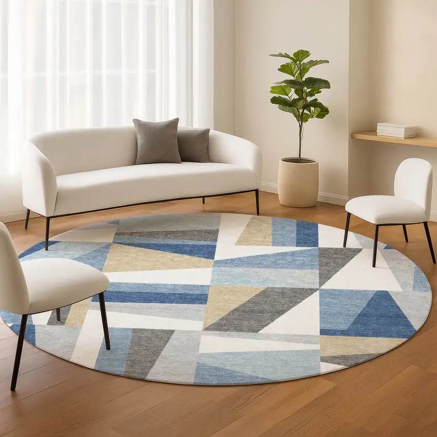 8' Blue Wheat And Ivory Round Geometric Washable Indoor Outdoor Area Rug Photo 9