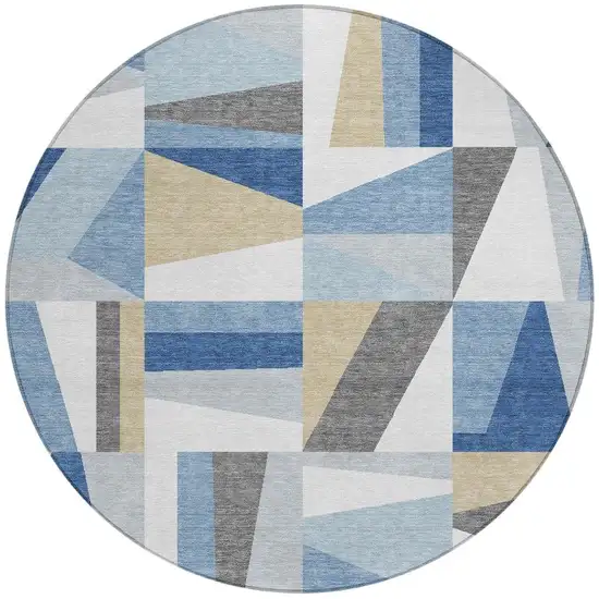 8' Blue Wheat And Ivory Round Geometric Washable Indoor Outdoor Area Rug Photo 4
