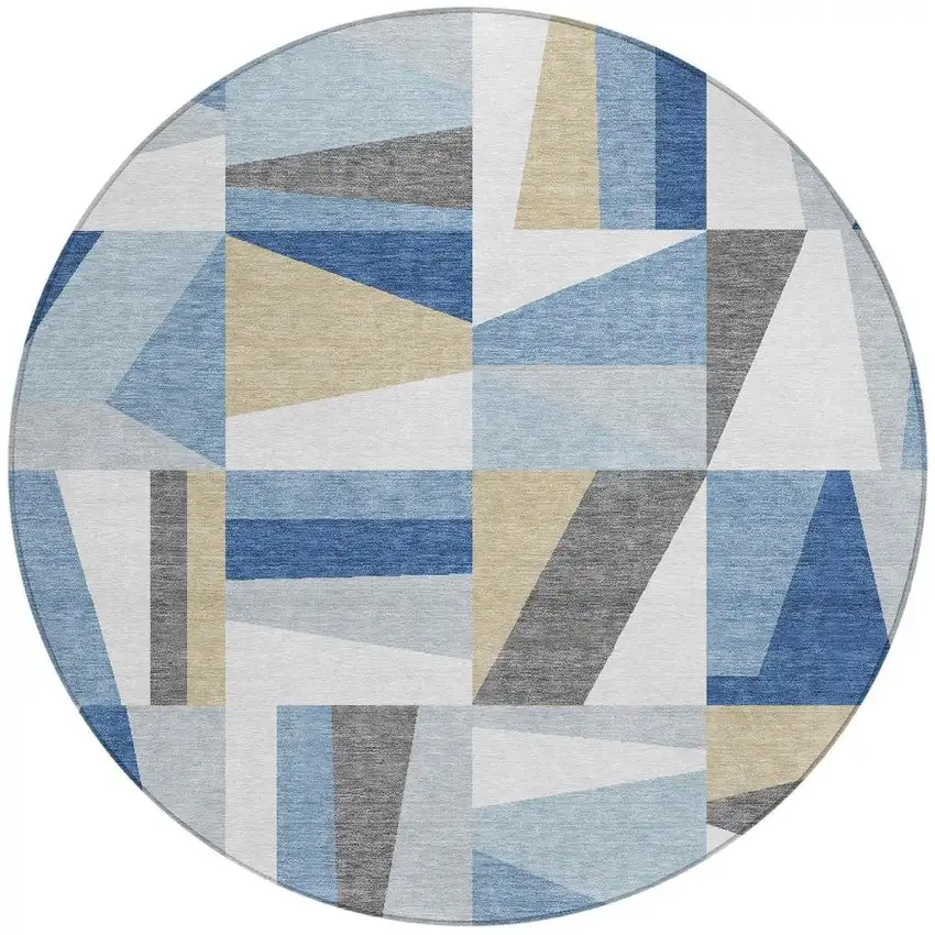 8' Blue Wheat And Ivory Round Geometric Washable Indoor Outdoor Area Rug Photo 4