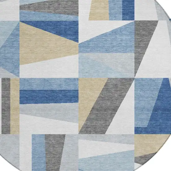 8' Blue Wheat And Ivory Round Geometric Washable Indoor Outdoor Area Rug Photo 7
