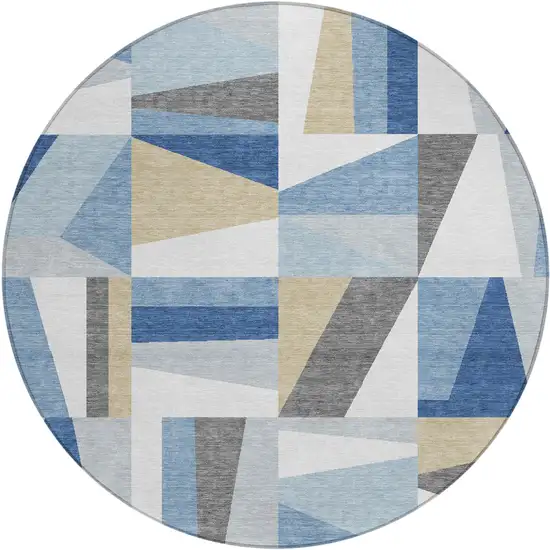 8' Blue Wheat And Ivory Round Geometric Washable Indoor Outdoor Area Rug Photo 2