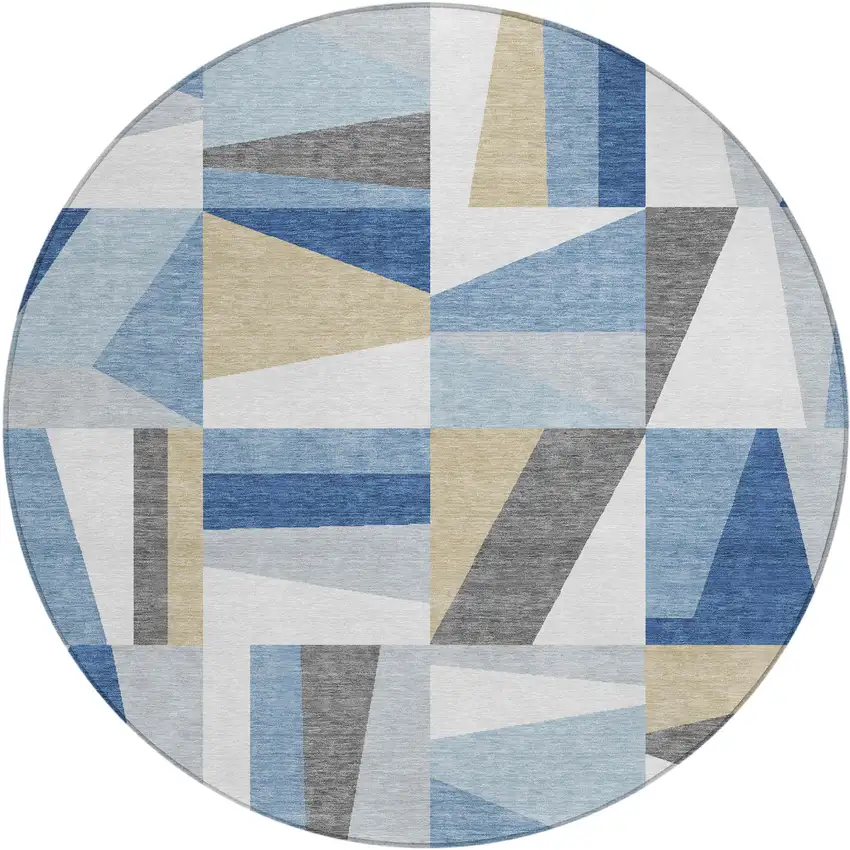 8' Blue Wheat And Ivory Round Geometric Washable Indoor Outdoor Area Rug Photo 2