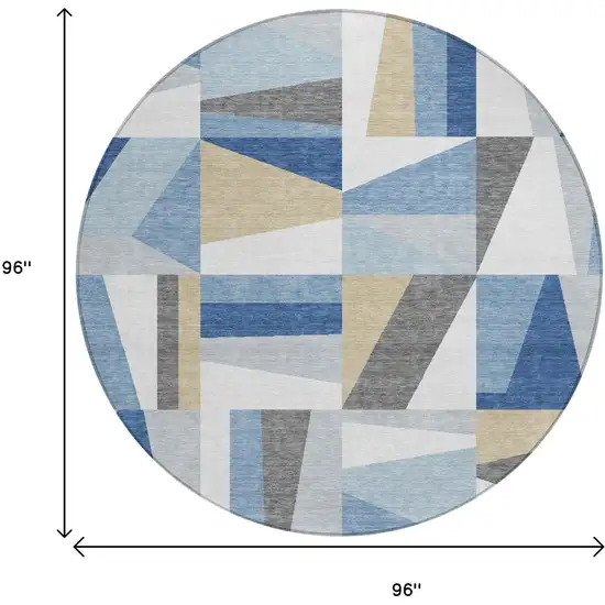 8' Blue Wheat And Ivory Round Geometric Washable Indoor Outdoor Area Rug Photo 3