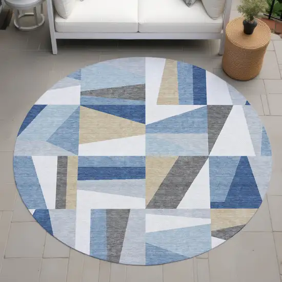 8' Blue Wheat And Ivory Round Geometric Washable Indoor Outdoor Area Rug Photo 8
