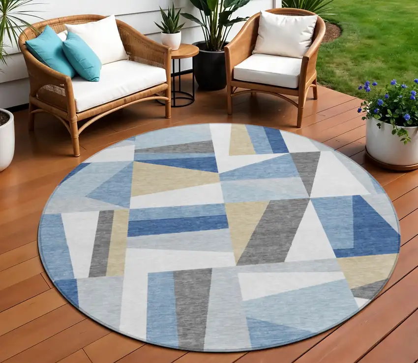 8' Blue Wheat And Ivory Round Geometric Washable Indoor Outdoor Area Rug Photo 1