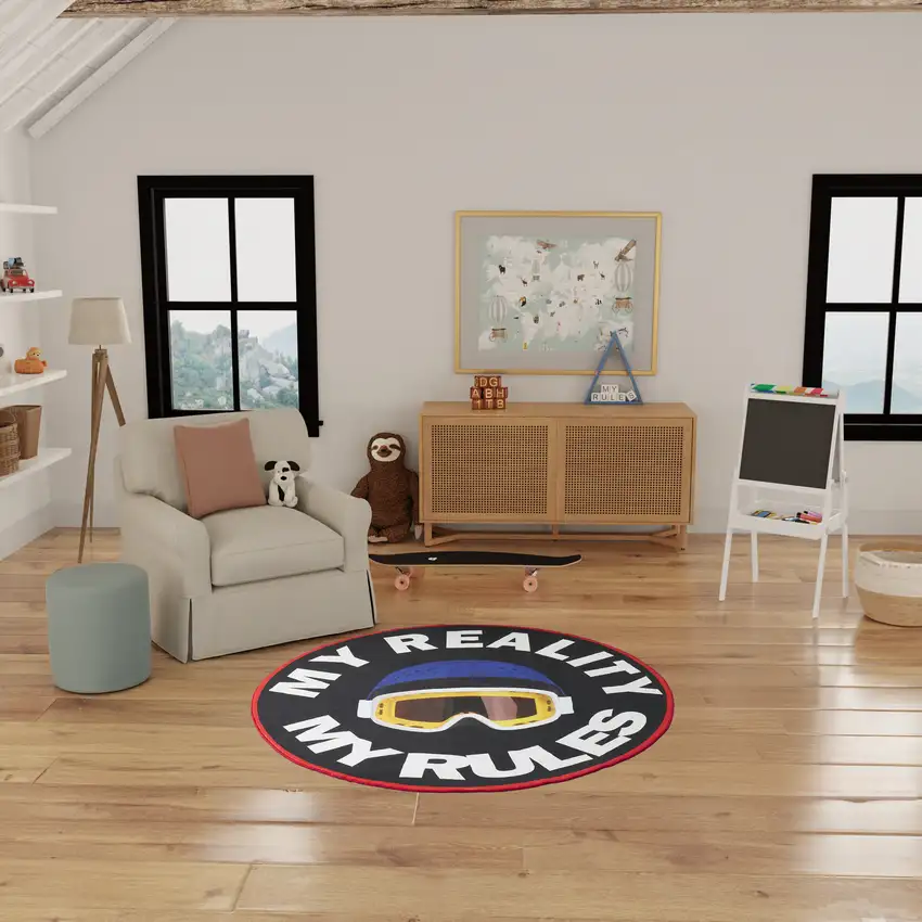 5' Blue White And Gold Snow Goggles Youthful Washable Round Rug Photo 5