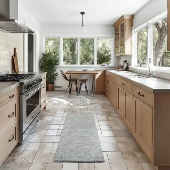 6' Blue Wool Geometric Hand Woven Runner Rug Photo 5