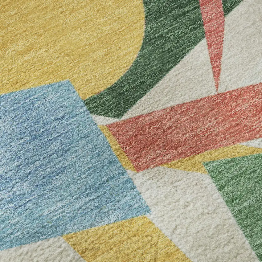 8' Blue Yellow And Coral Geometric Washable Round Rug With UV Protection Photo 9