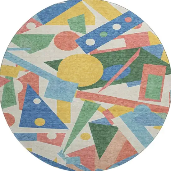 8' Blue Yellow And Coral Geometric Washable Round Rug With UV Protection Photo 2