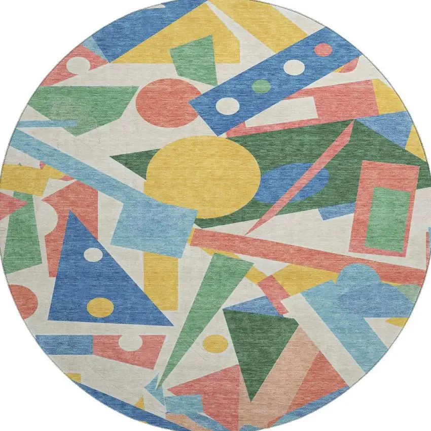 8' Blue Yellow And Coral Geometric Washable Round Rug With UV Protection Photo 2