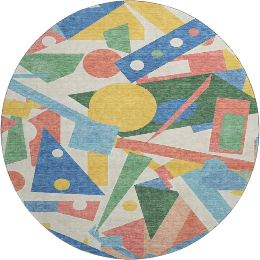 8' Blue Yellow And Coral Geometric Washable Round Rug With UV Protection Photo 1