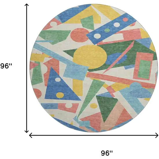 8' Blue Yellow And Coral Geometric Washable Round Rug With UV Protection Photo 9