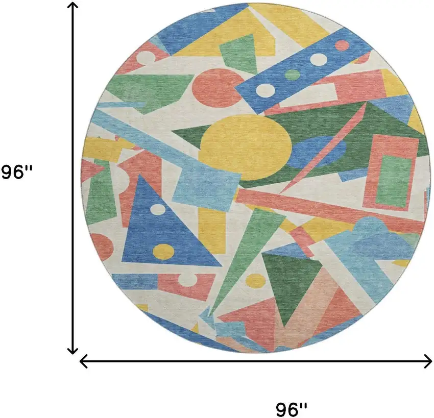 8' Blue Yellow And Coral Geometric Washable Round Rug With UV Protection Photo 9