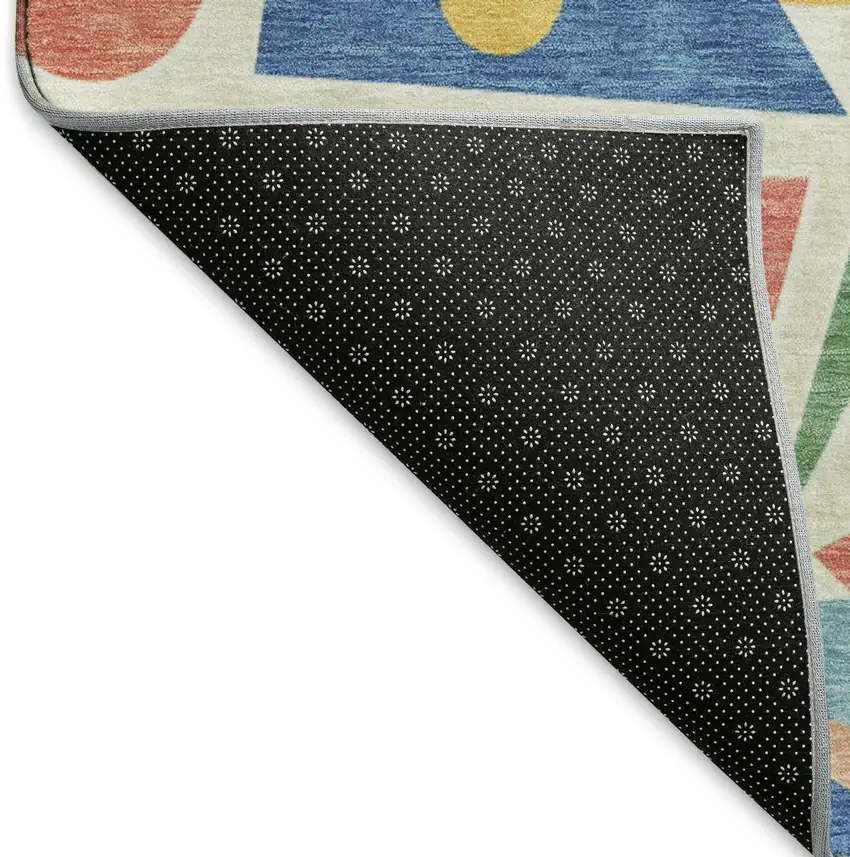 8' Blue Yellow And Coral Geometric Washable Round Rug With UV Protection Photo 5