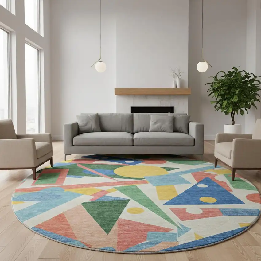 8' Blue Yellow And Coral Geometric Washable Round Rug With UV Protection Photo 2