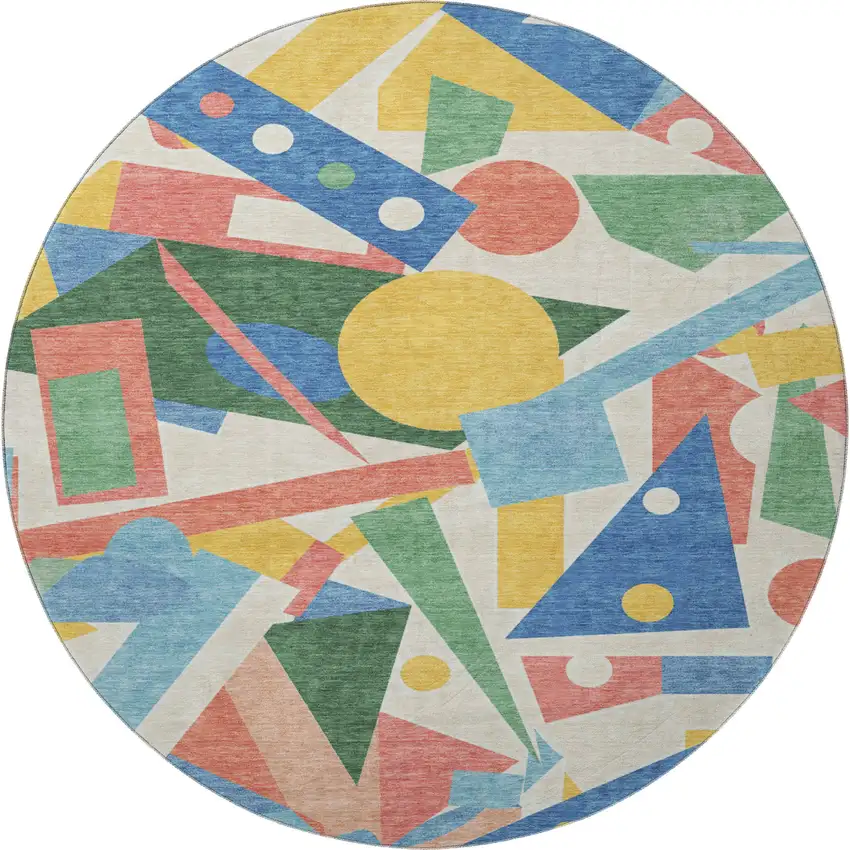 8' Blue Yellow And Coral Geometric Washable Round Rug With UV Protection Photo 3