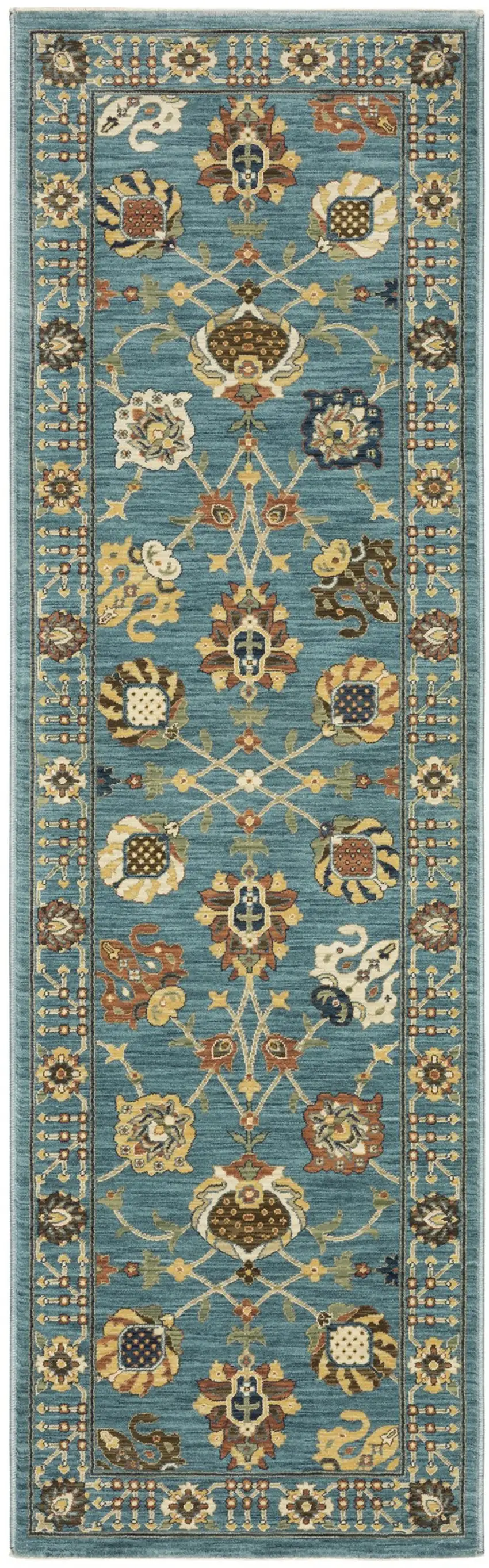 8' Blue Yellow And Dark Orange Oriental Runner Rug With Fringe Photo 2