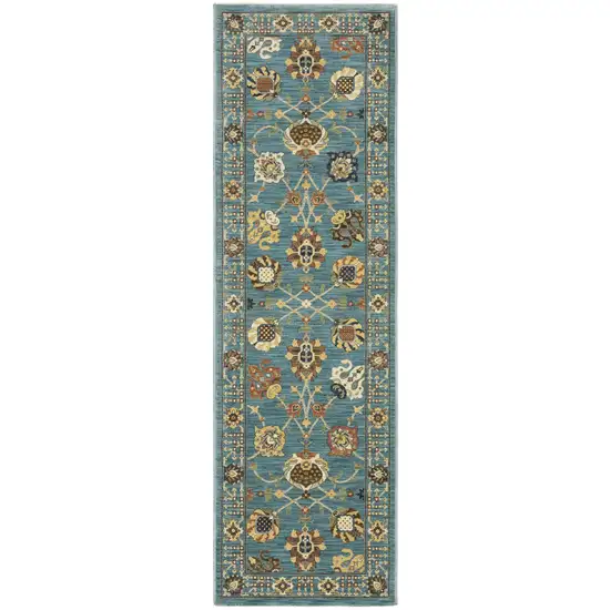 8' Blue Yellow And Dark Orange Oriental Runner Rug With Fringe Photo 2