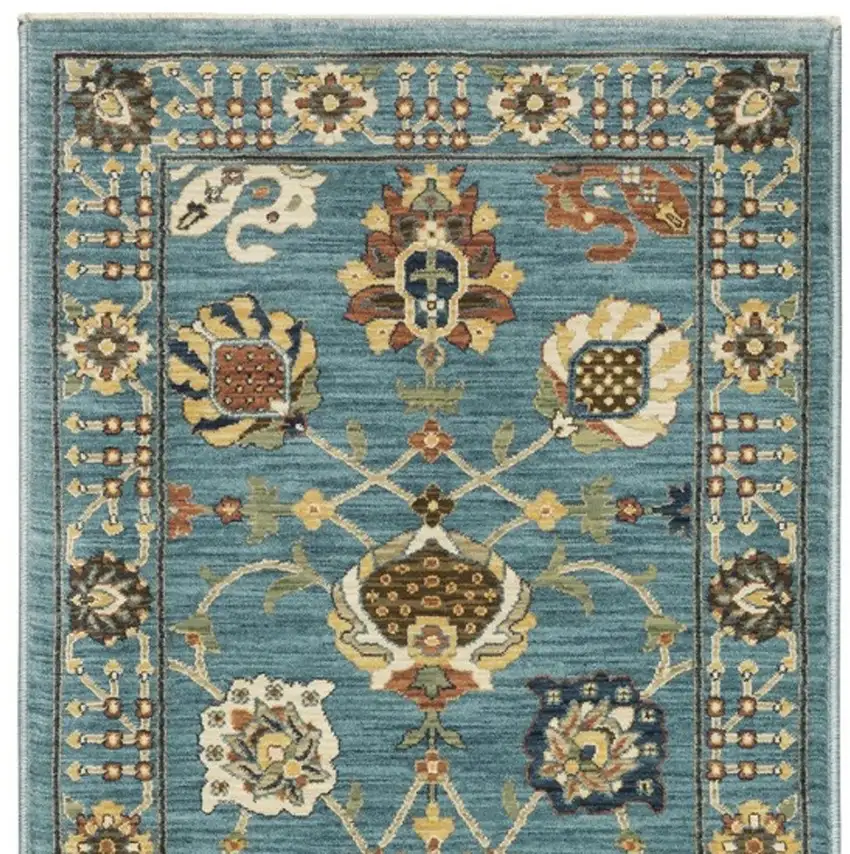8' Blue Yellow And Dark Orange Oriental Runner Rug With Fringe Photo 4