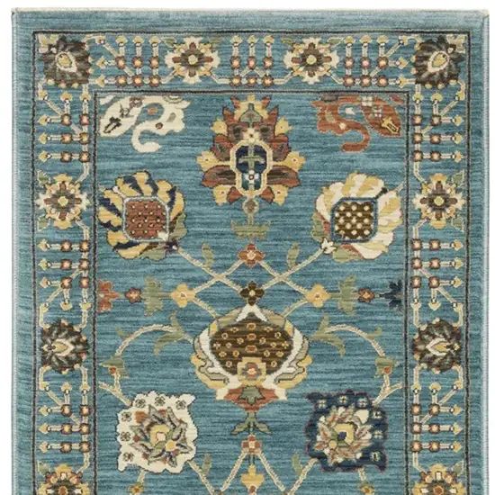 8' Blue Yellow And Dark Orange Oriental Runner Rug With Fringe Photo 4