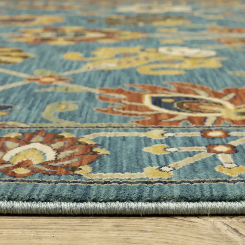 8' Blue Yellow And Dark Orange Oriental Runner Rug With Fringe Photo 5