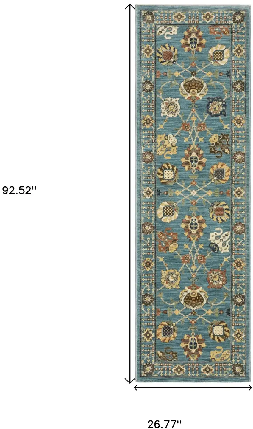 8' Blue Yellow And Dark Orange Oriental Runner Rug With Fringe Photo 3